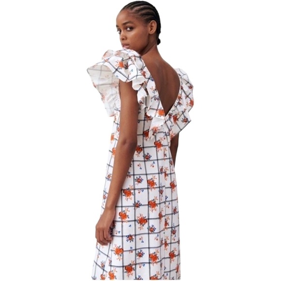 Zara CottageCore Mixed Print Floral Grid Ruffle Sleeve Midi Dress Size S… - Picture 3 of 8